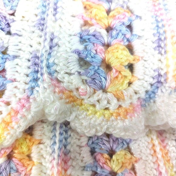 Handmade Crochet Baby Blanket Throw Pastel Sparkle Purple Yellow White Pink - Picture 7 of 10